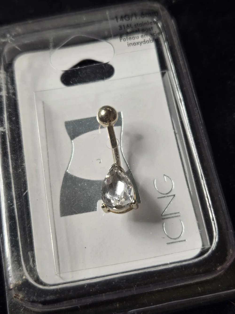 14G Gold-Tone Stainless Steel Belly Ring with Gem NEW/SEALED